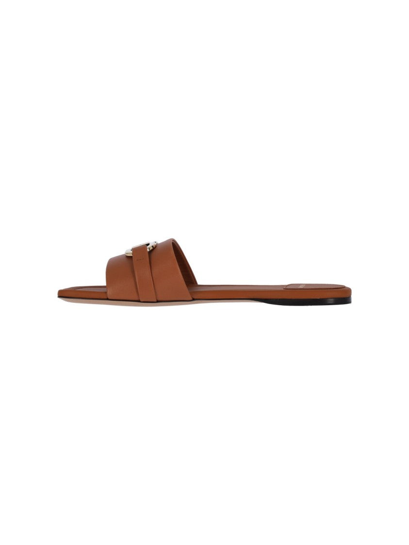 Ferragamo Brown Calf Leather Slip-On Gancini Sandals
