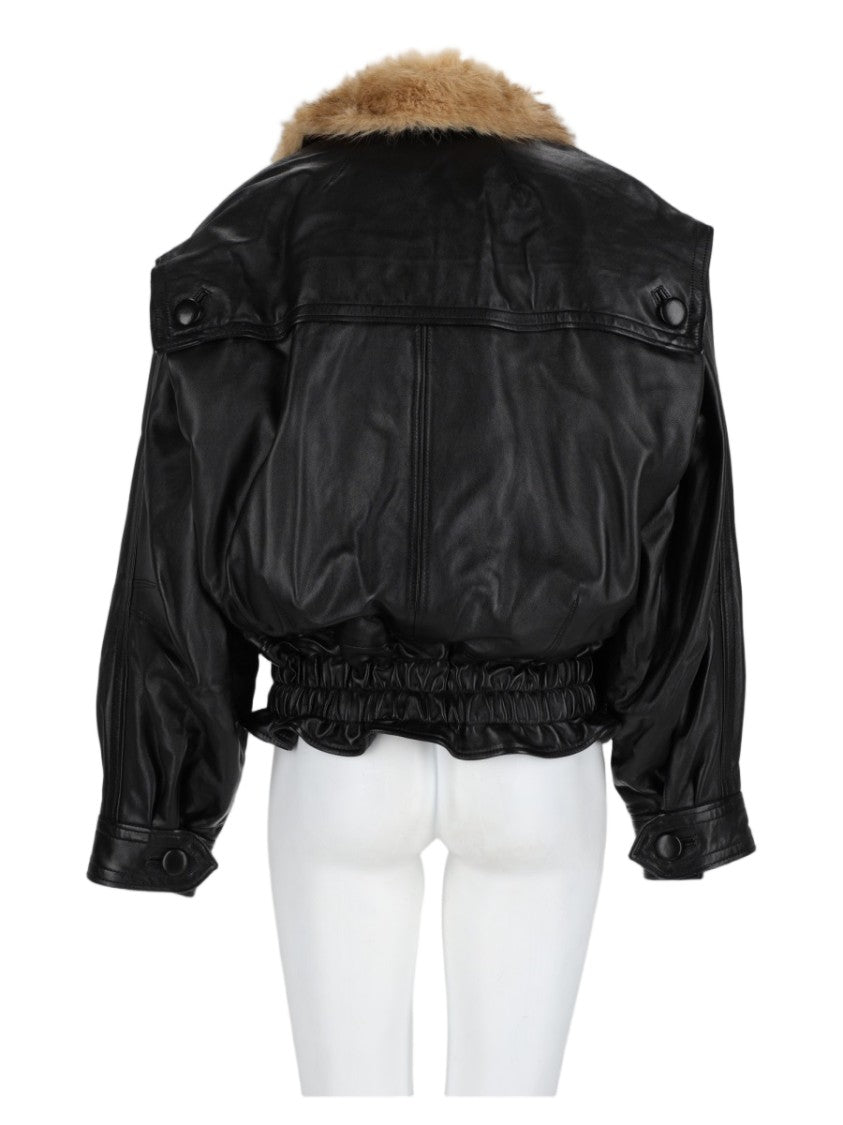Isabel Marant Black Cropped Fur-Collar Lamb Leather Jacket