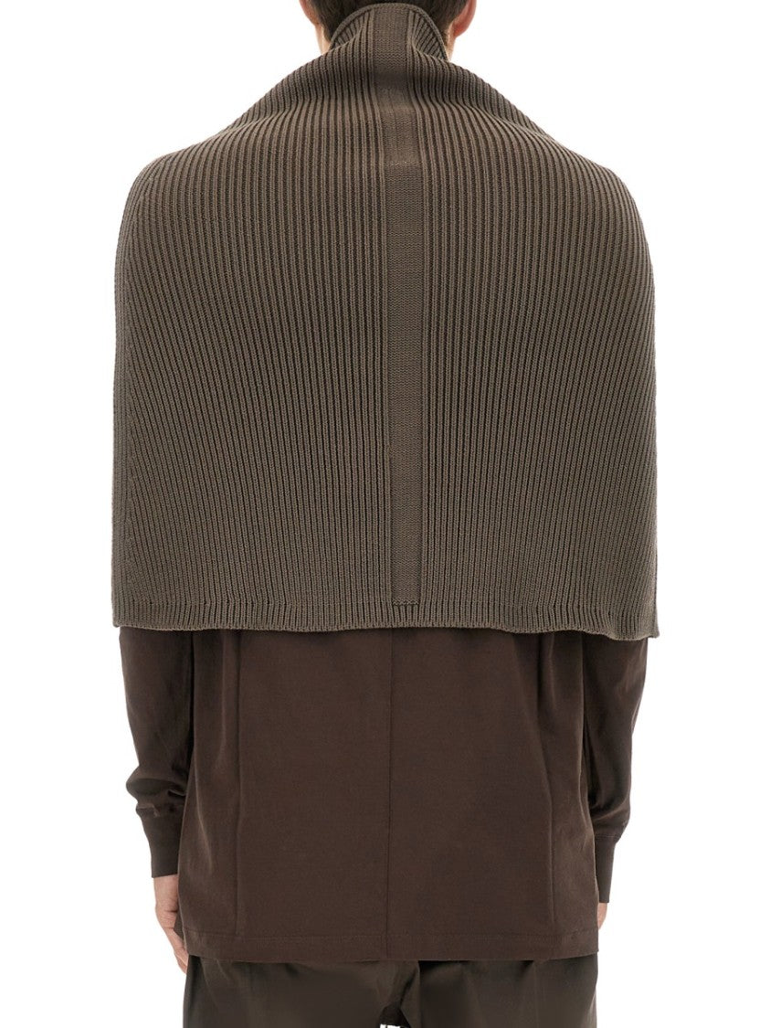 Rick Owens Ribbed Knitted Cape With Structured Collar