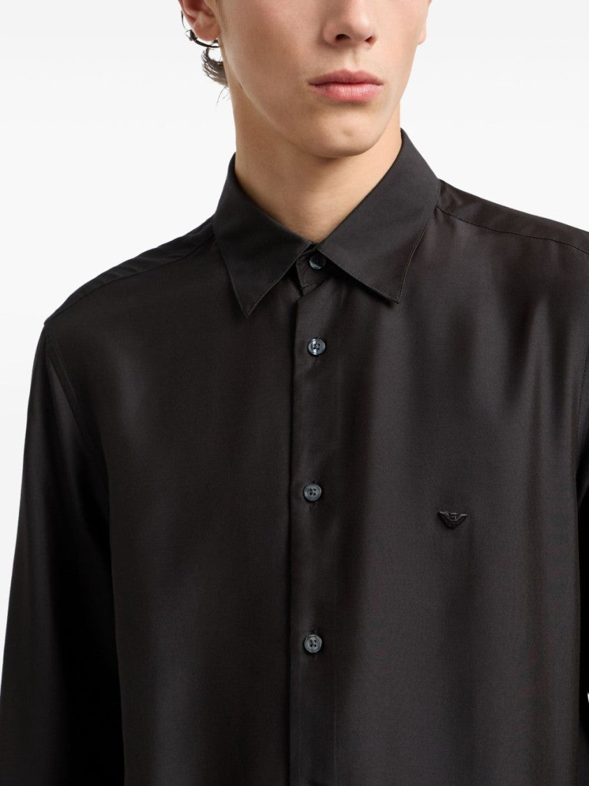 Emporio Armani Silk-Blend Black Casual Shirt With Embroidered Logo