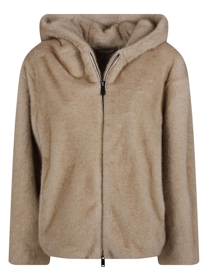 P.A.R.O.S.H. Plush Faux Fur Jacket With Front Zipper And Hood