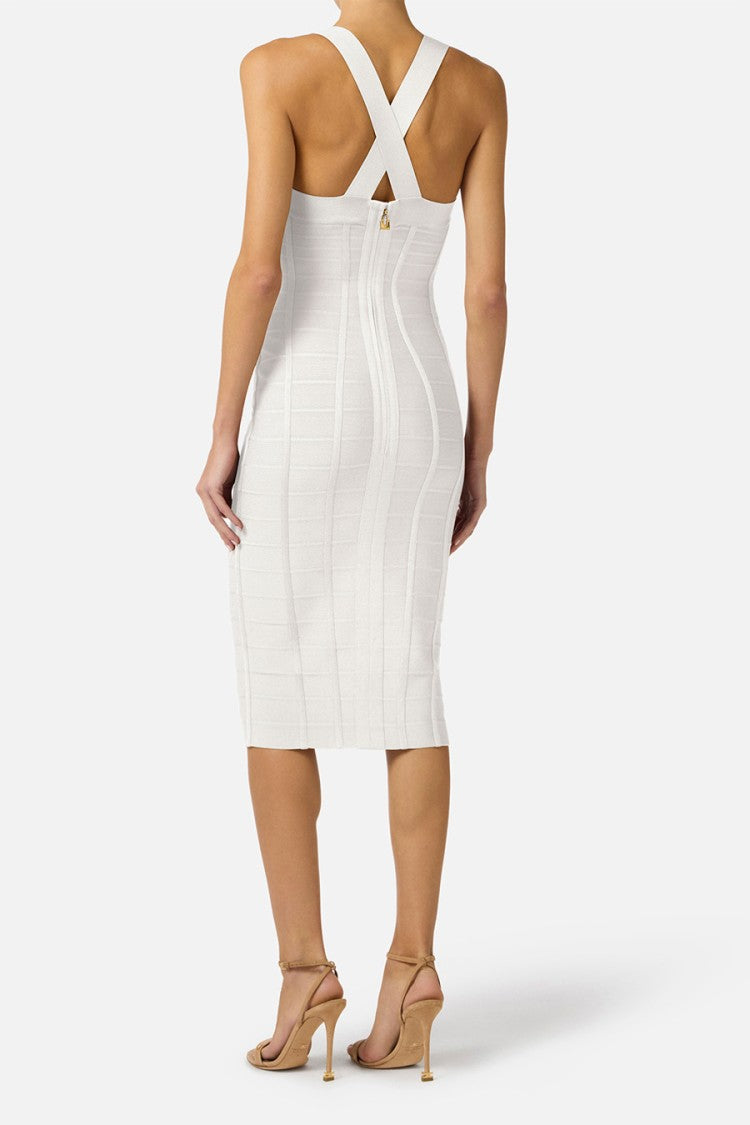Elisabetta Franchi Ivory Cross-Strap Bandage Side Buckles Viscose-Blend Mini Dress