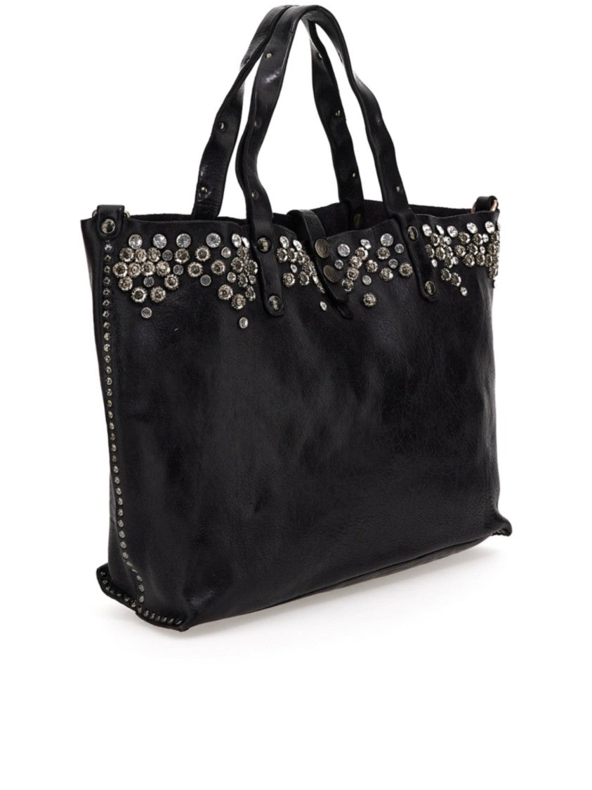 Campomaggi Large Black Leather Tote Bag With Silver-Tone Accents