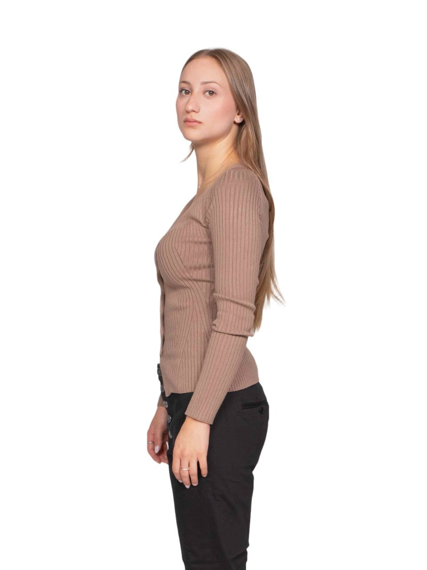 Dondup Fitted Brown Ribbed Knit Cardigan With Button Front