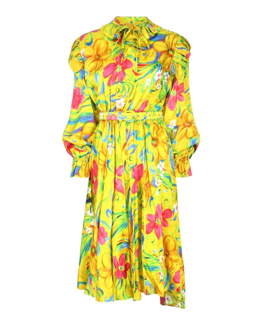 Balenciaga Vibrant Yellow Off-Shoulder Floral Dress With Ruffle Collar