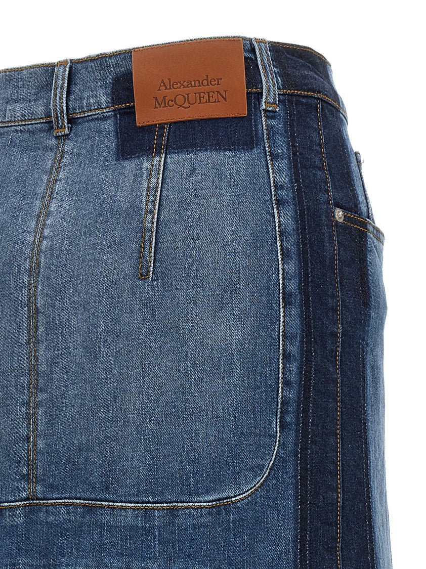 Mcqueen Half-Wheel Midi Denim Skirt With Front Split