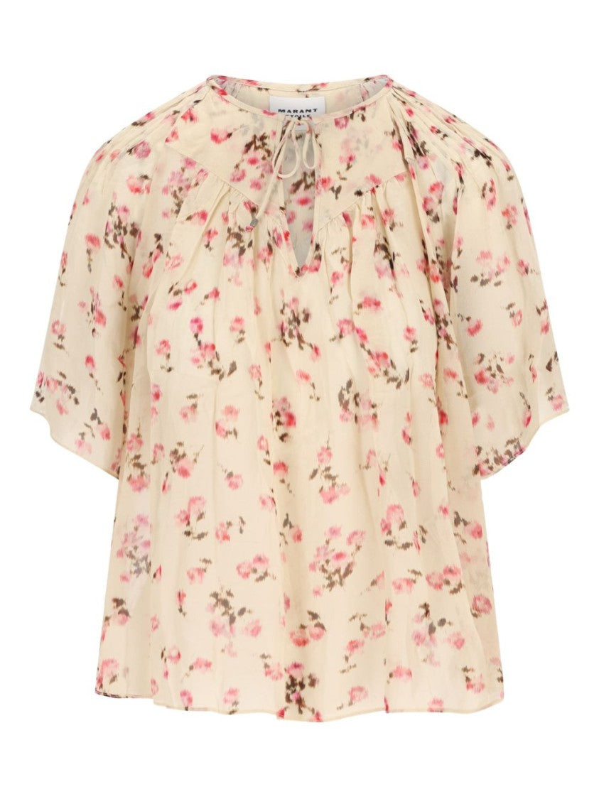 Isabel Marant Étoile Beige Floral Print Short-Sleeved Blouse With Tie Detail