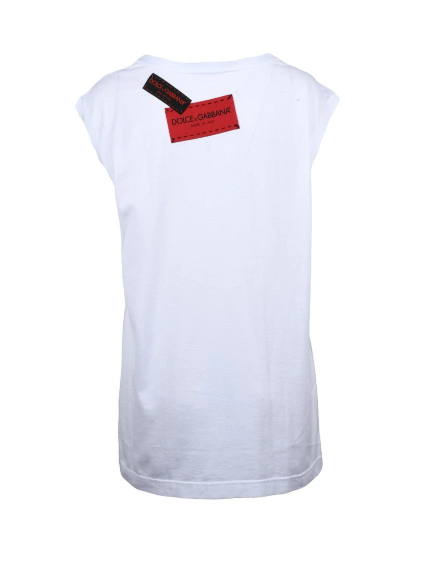 Dolce & Gabbana White Metallic Print Applique Cotton T-Shirt