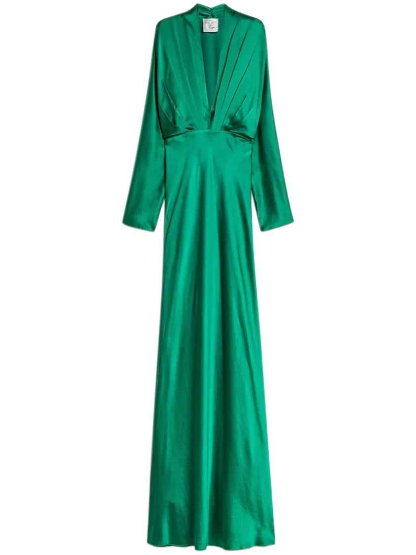 Forte Forte Silk Satin Deep V-Neck Pleated Maxi Dress