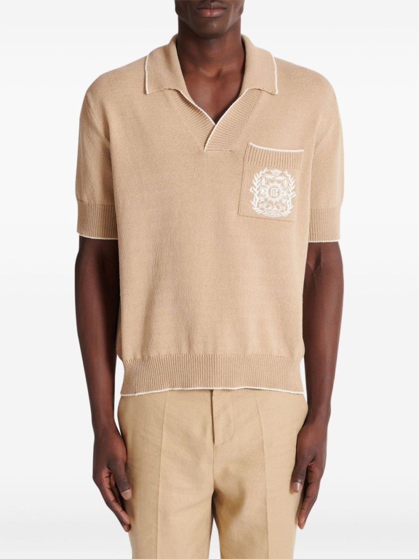 Balmain Beige V-Neck Embroidered Knit Polo Shirt