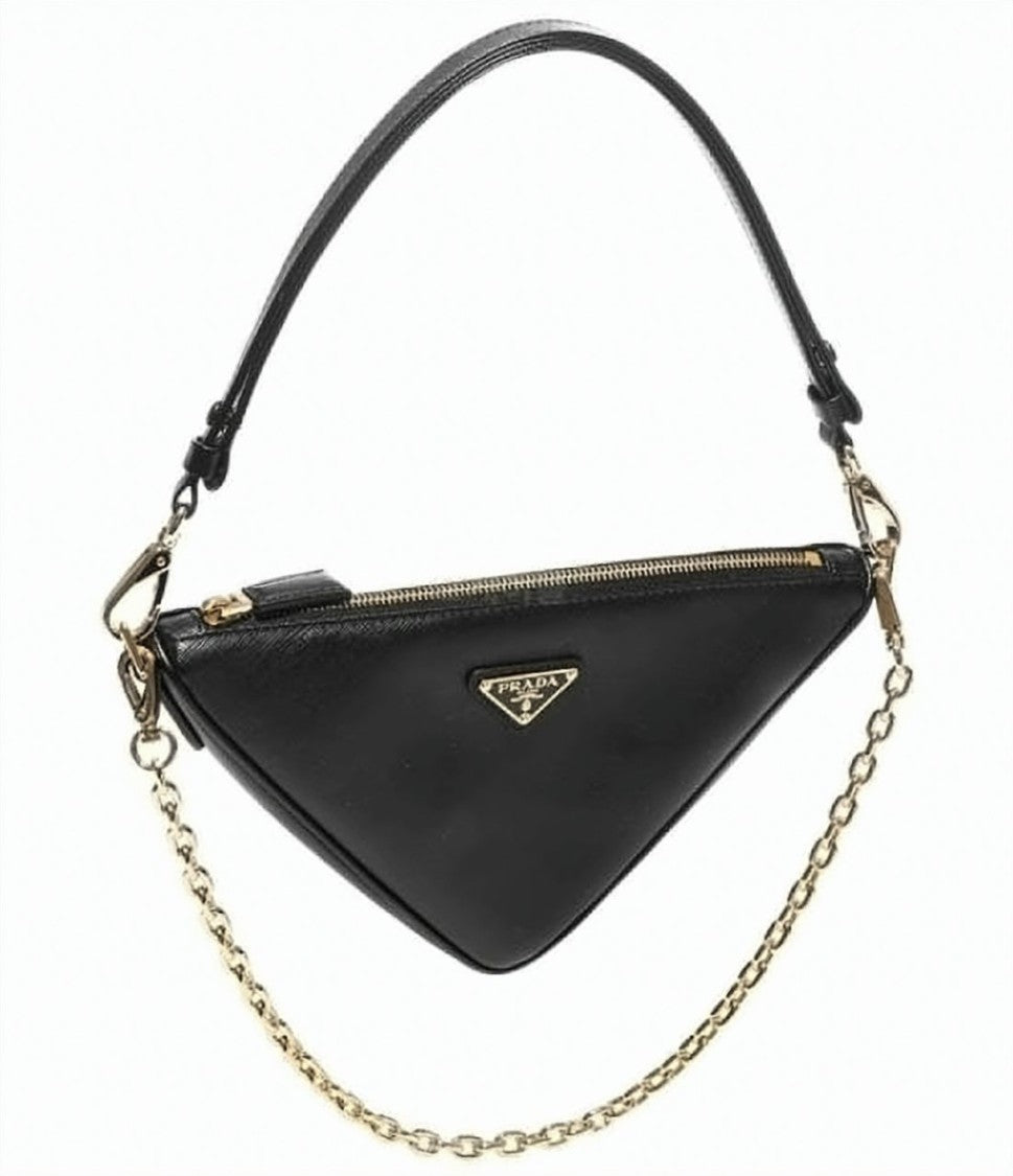 Prada Triangular Black Leather Shoulder Bag With Detachable Chain Strap