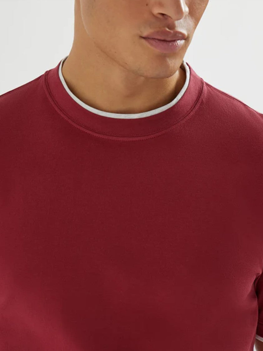 Brunello Cucinelli Red Contrasting Crew Neck Cotton T-Shirt