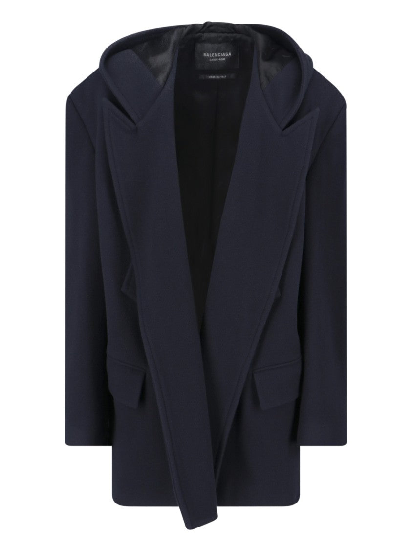 Balenciaga Navy Blue Hooded Wool Coat With Oversized Lapels