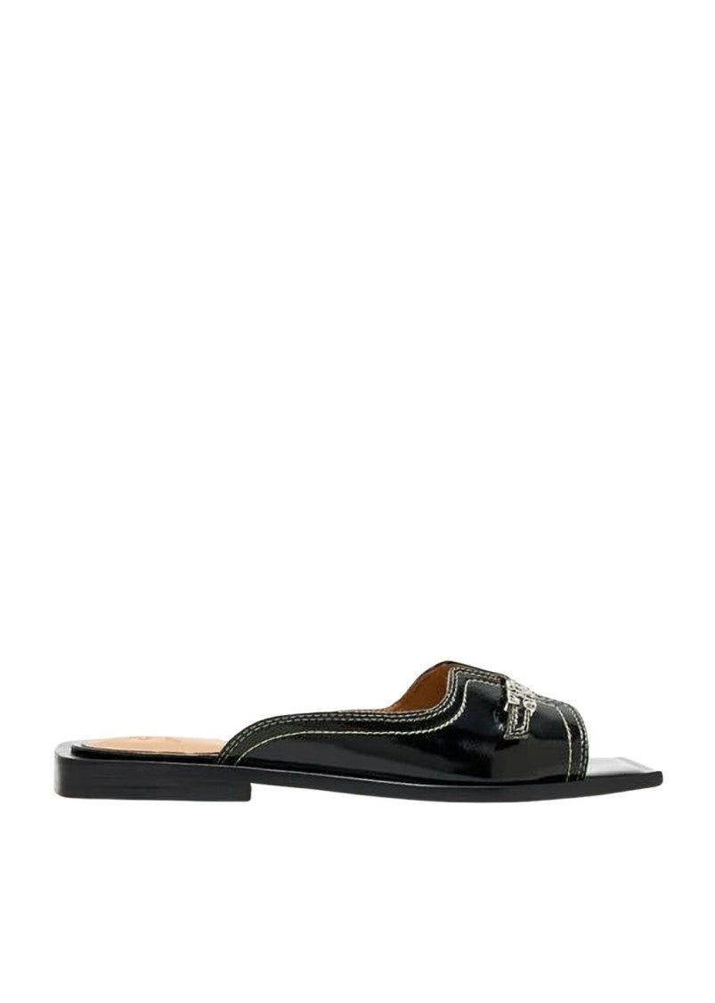 Ganni Glossy Square-Toe Sandals With Metallic Embellishment