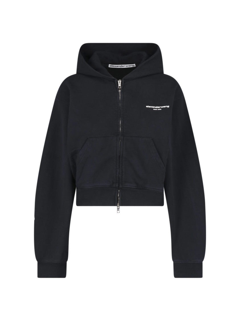 Alexander Wang Logo Print Zip Hooded Black Cotton Sweatshirt