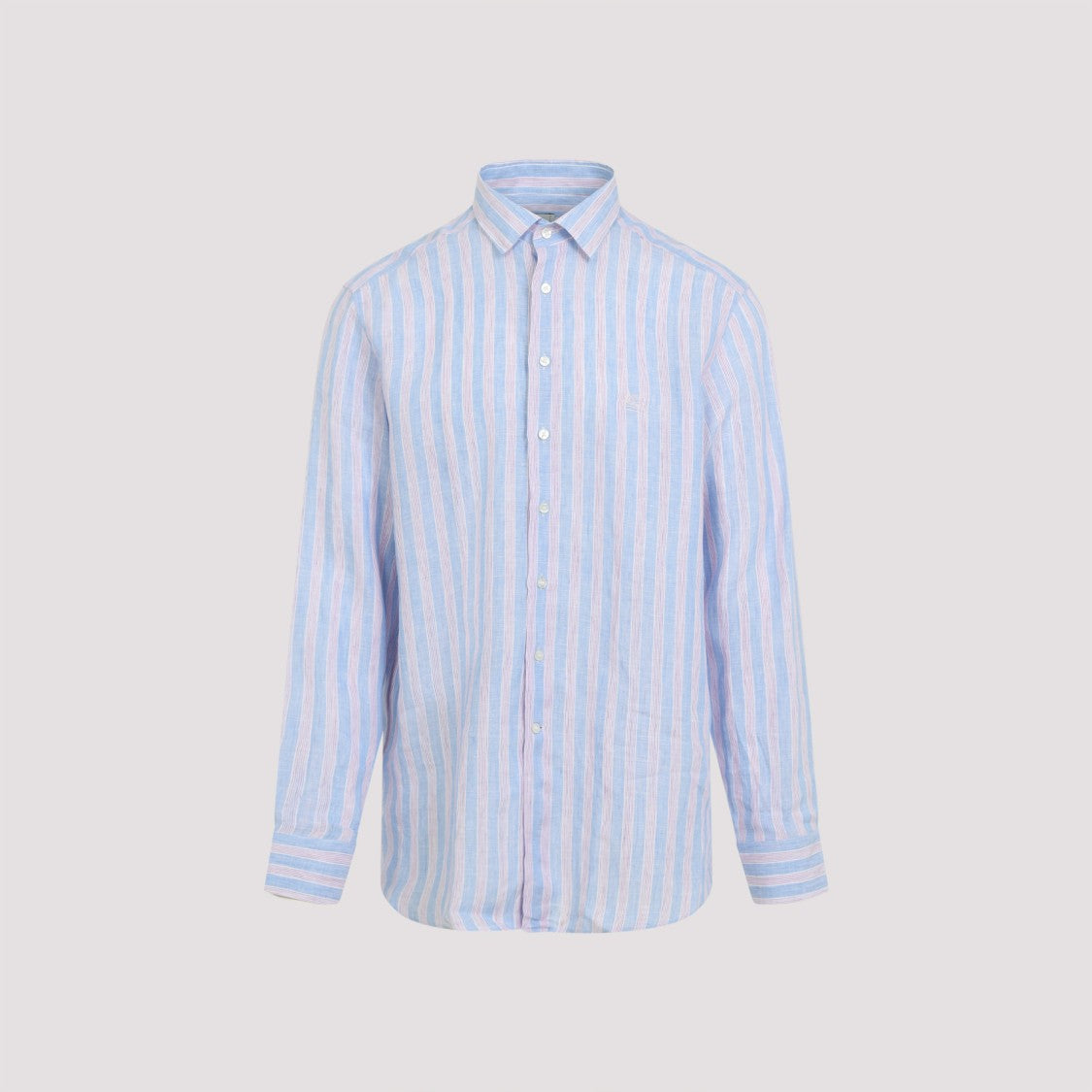 Etro Multicolor On Pale Blue Linen Roma Logo Shirt