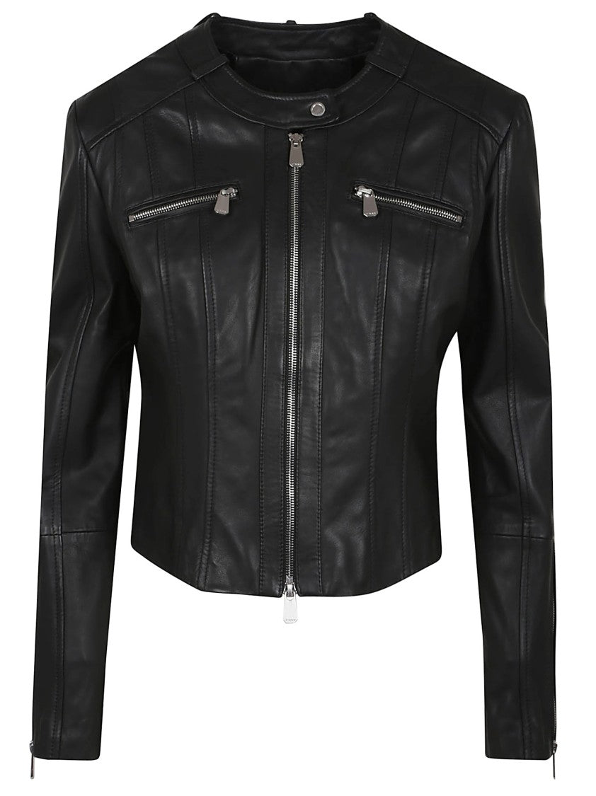 Pinko Cropped Leather Jacket With Soft Lining