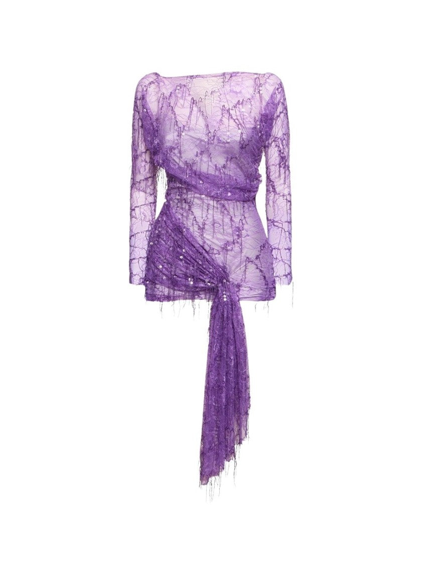 Christopher Esber Encased Beaded Ivy Lace Long Sleeve Mini Dress Grape