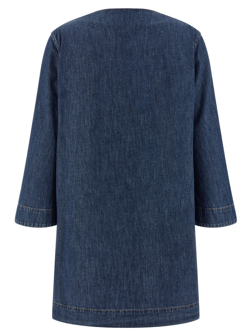 Valentino Garavani Medium Wash Chambray Denim Dress With V-Neck And Antiqued Gold Accents