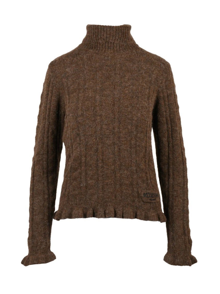 Mo5ch1no Jeans High Neck Knit Sweater With Textured Cable Knit And Ruffled Details