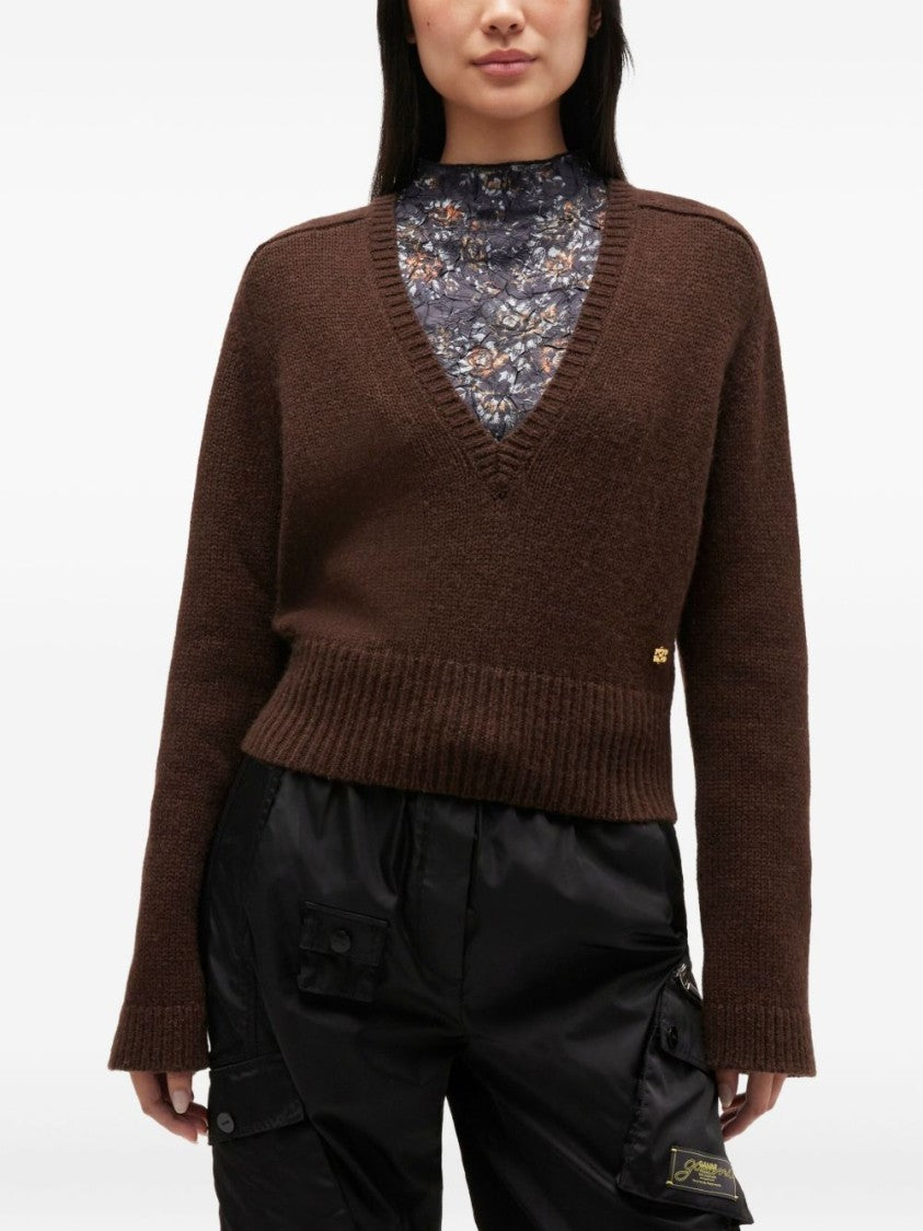 Ganni Deep V-Neck Brown Sweater With Ribbed Details