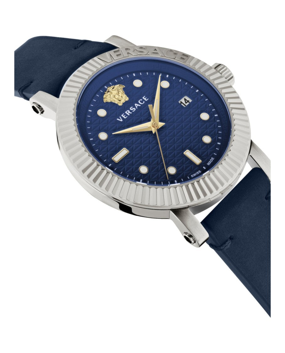 Versace Versace V-Classic Leather Watch With Blue Guilloche Dial