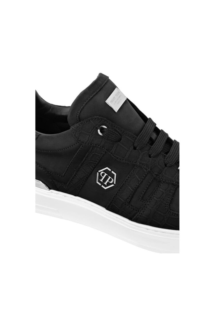 Philipp Plein Black Croc-Embossed Hexagon Patch Leather Sneakers
