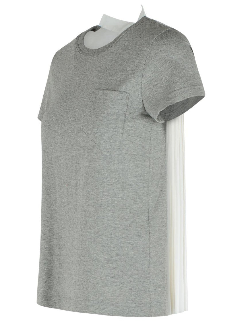 Sacai Ribbed Gray Cotton T-Shirt With Pleated Back Insert