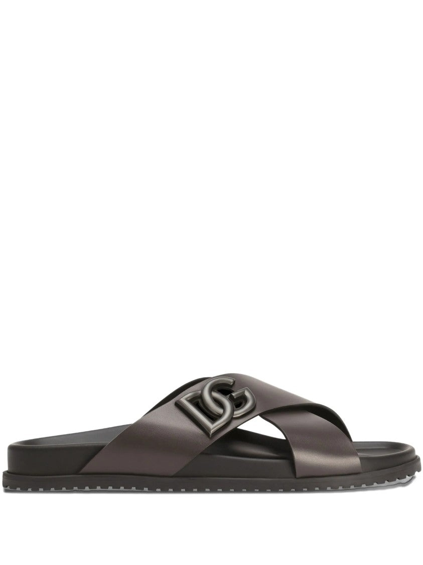 Dolce & Gabbana Brown Leather Interlocking Logo Slide Sandals