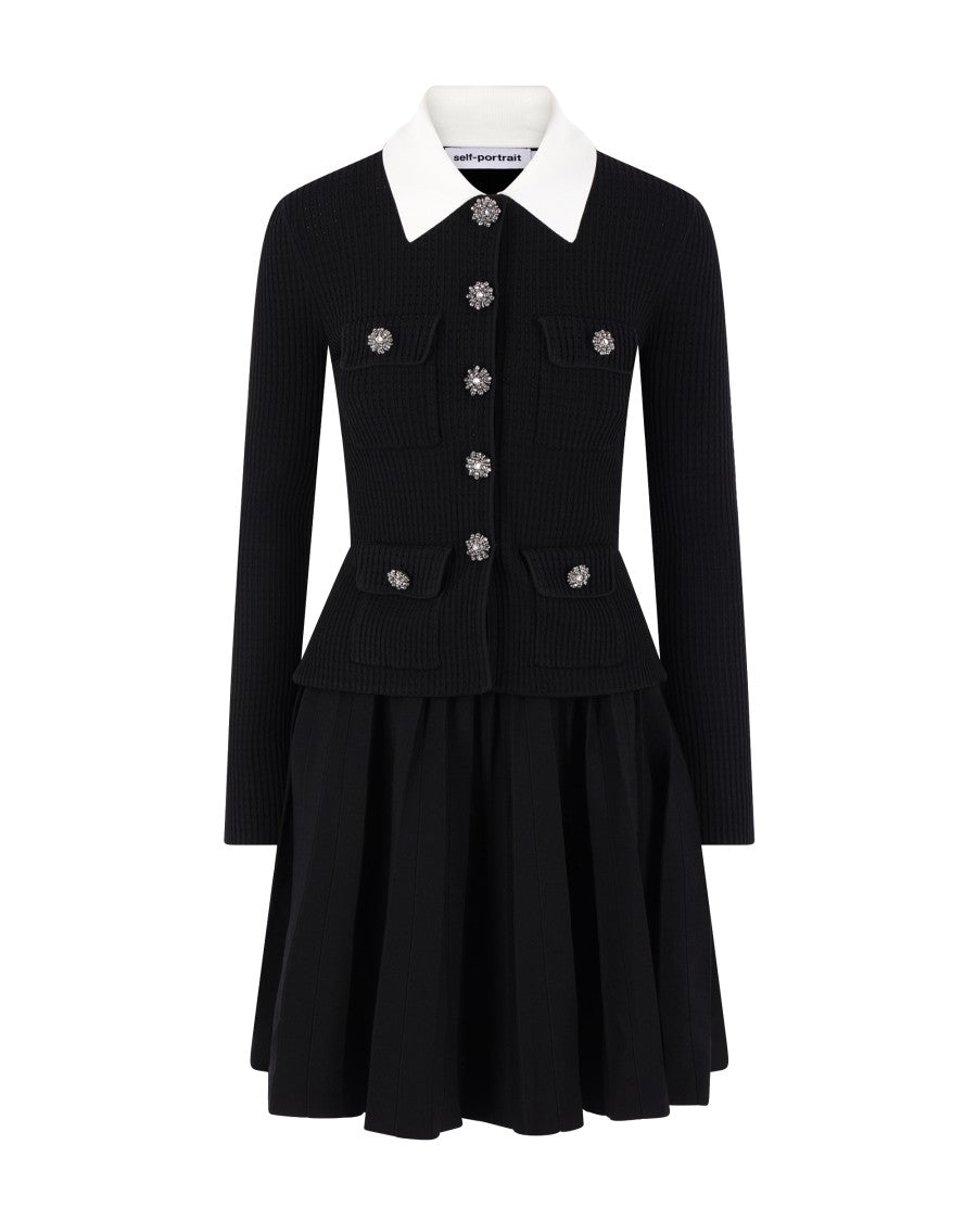 Self-Portrait Pleated Knit Mini Dress With Jewel Buttons