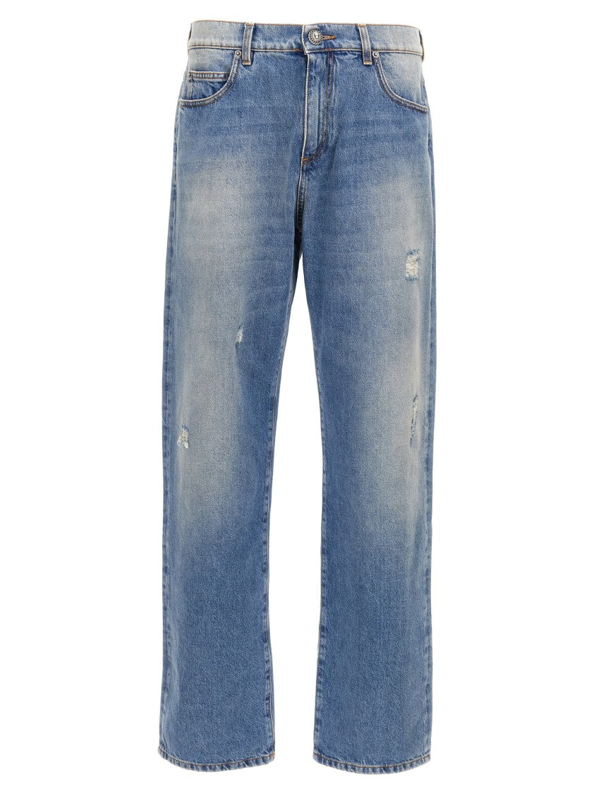 Balmain Used-Effect Wide Leg Denim Jeans