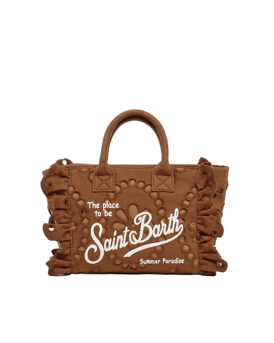 Mc2 Saint Barth Medium Brown Sangallo Embroidered Tote With Ruffled Edges
