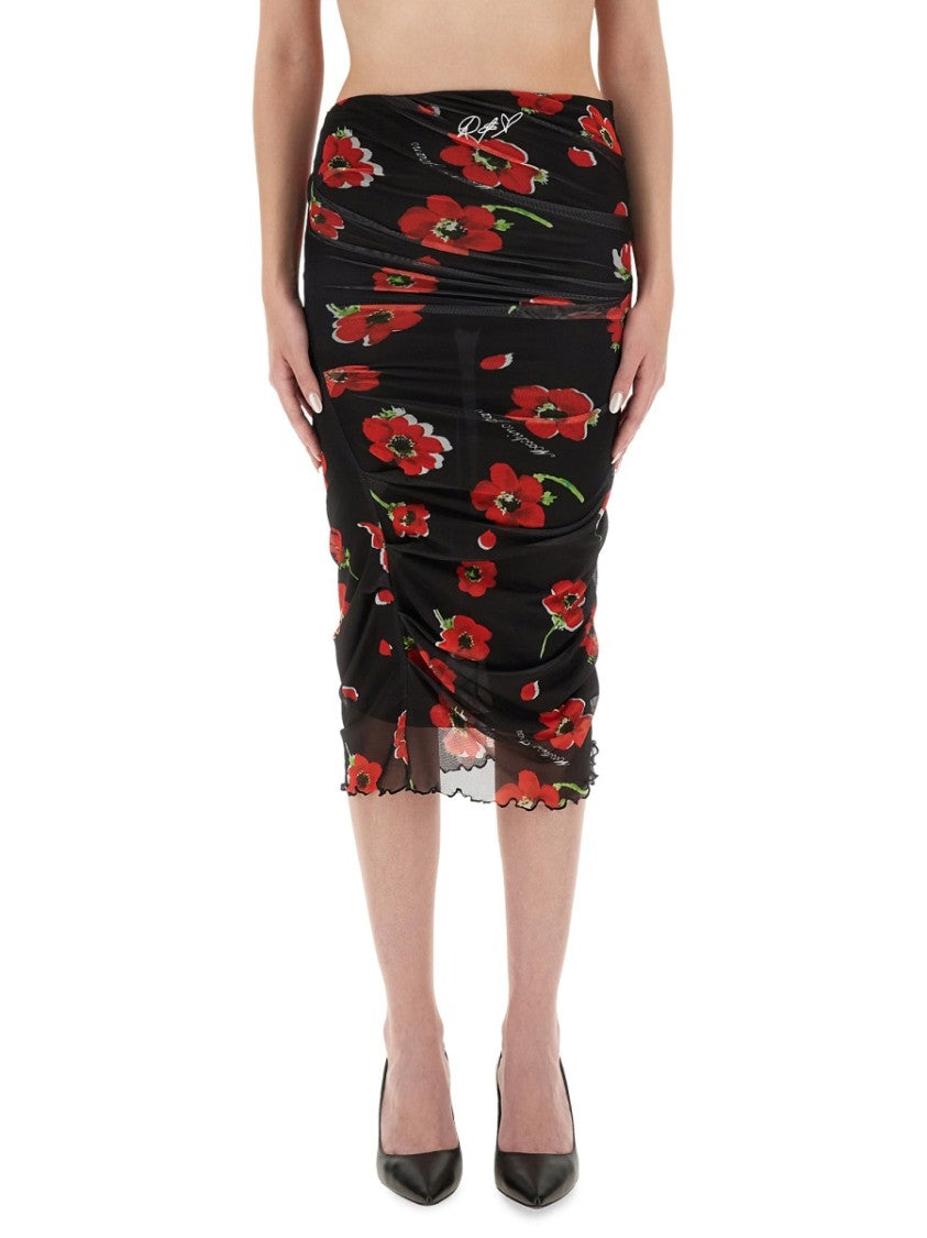 Moschino Scalloped Hem Floral Mesh Midi Skirt