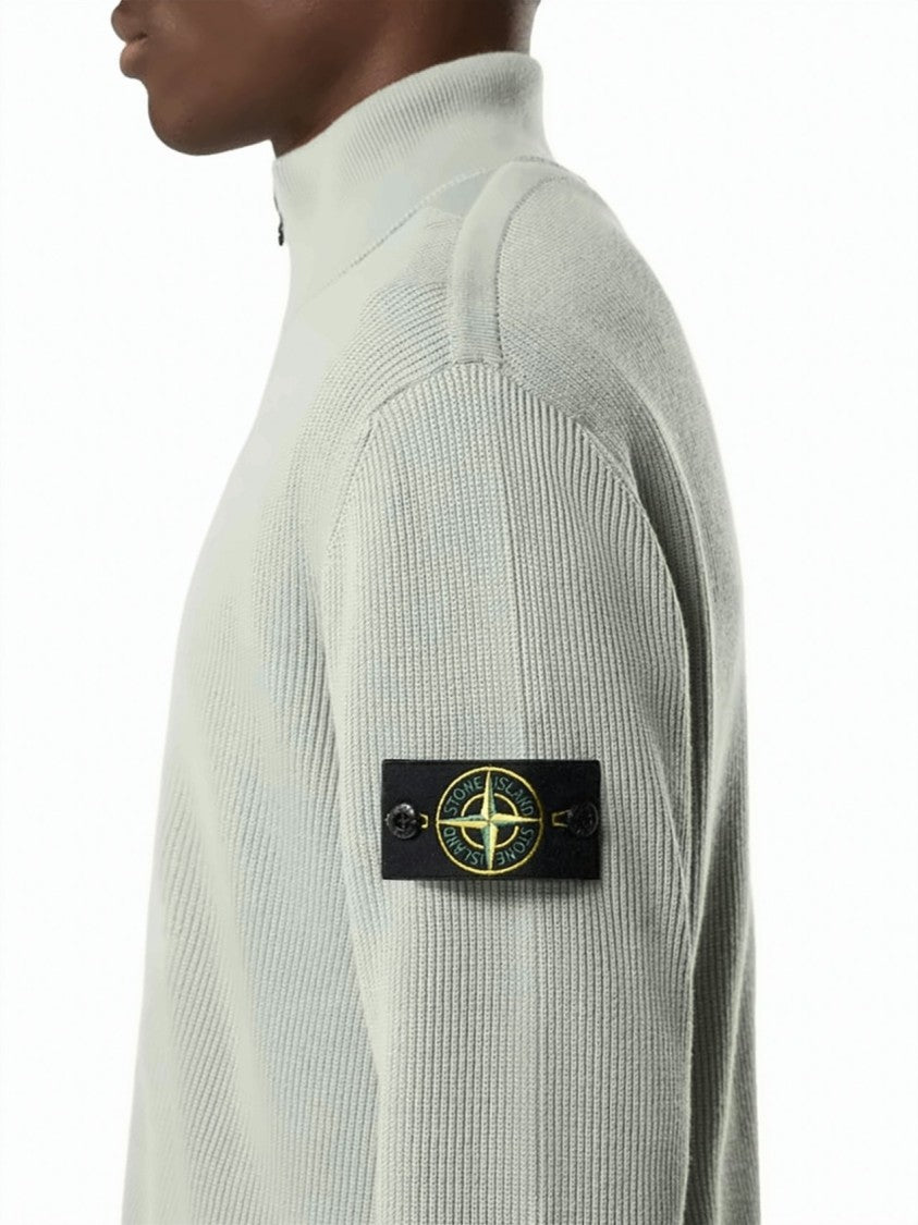 Stone High-Collar Sweatshirt With Double-Zip Closure And Badge Detail
