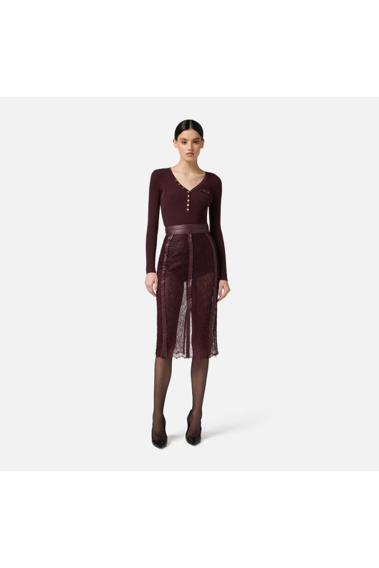 Elisabetta Franchi Merlot Ribbed V-Neck Lyocell-Blend Sweater