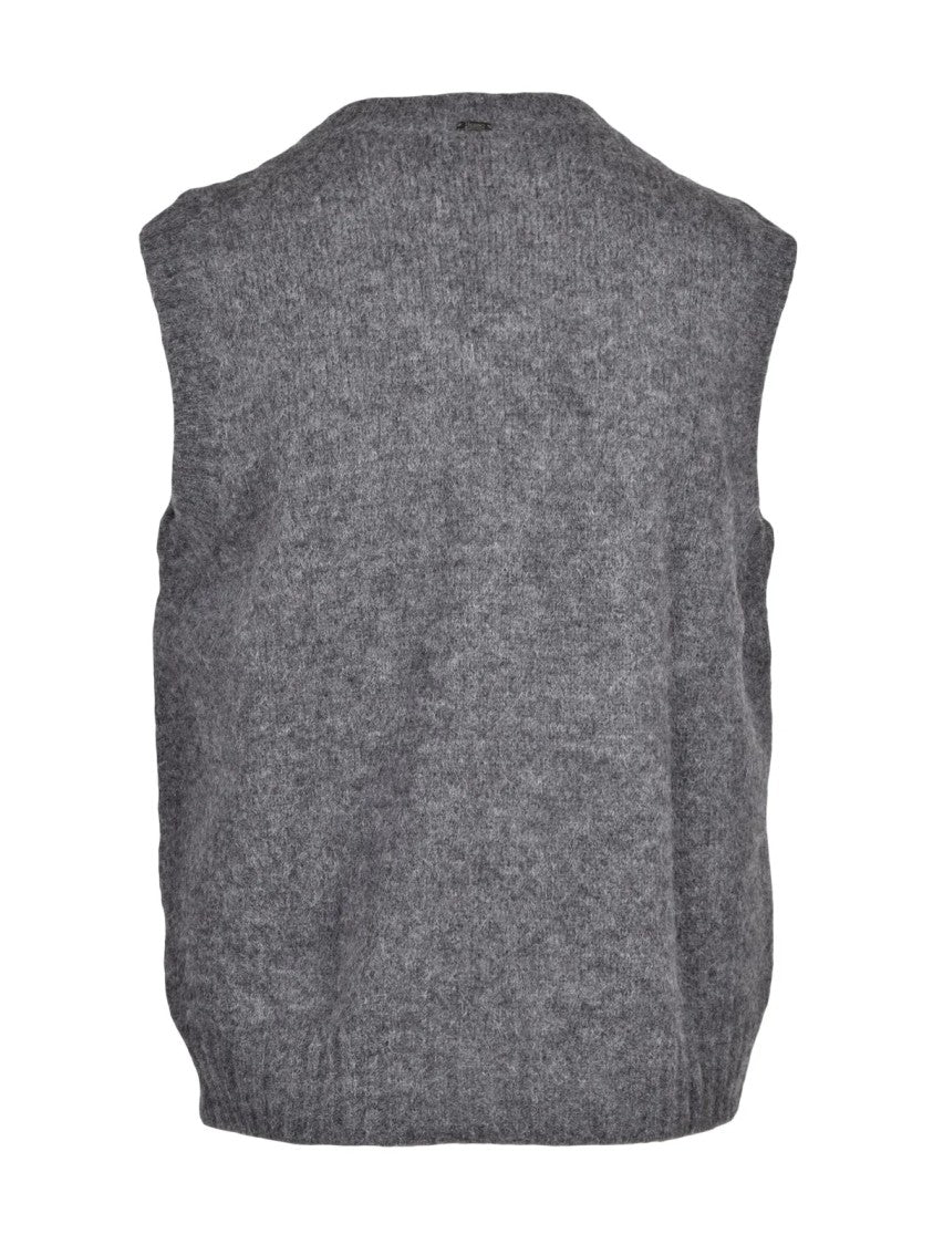 Herno Grey V-Neck Textured Knit Alpaca-Blend Vest