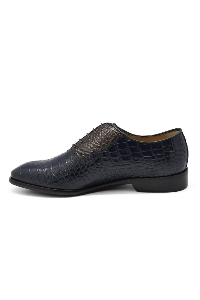 Caporicci Oxford Shoes In Blue Alligator-Style Embossed Leather