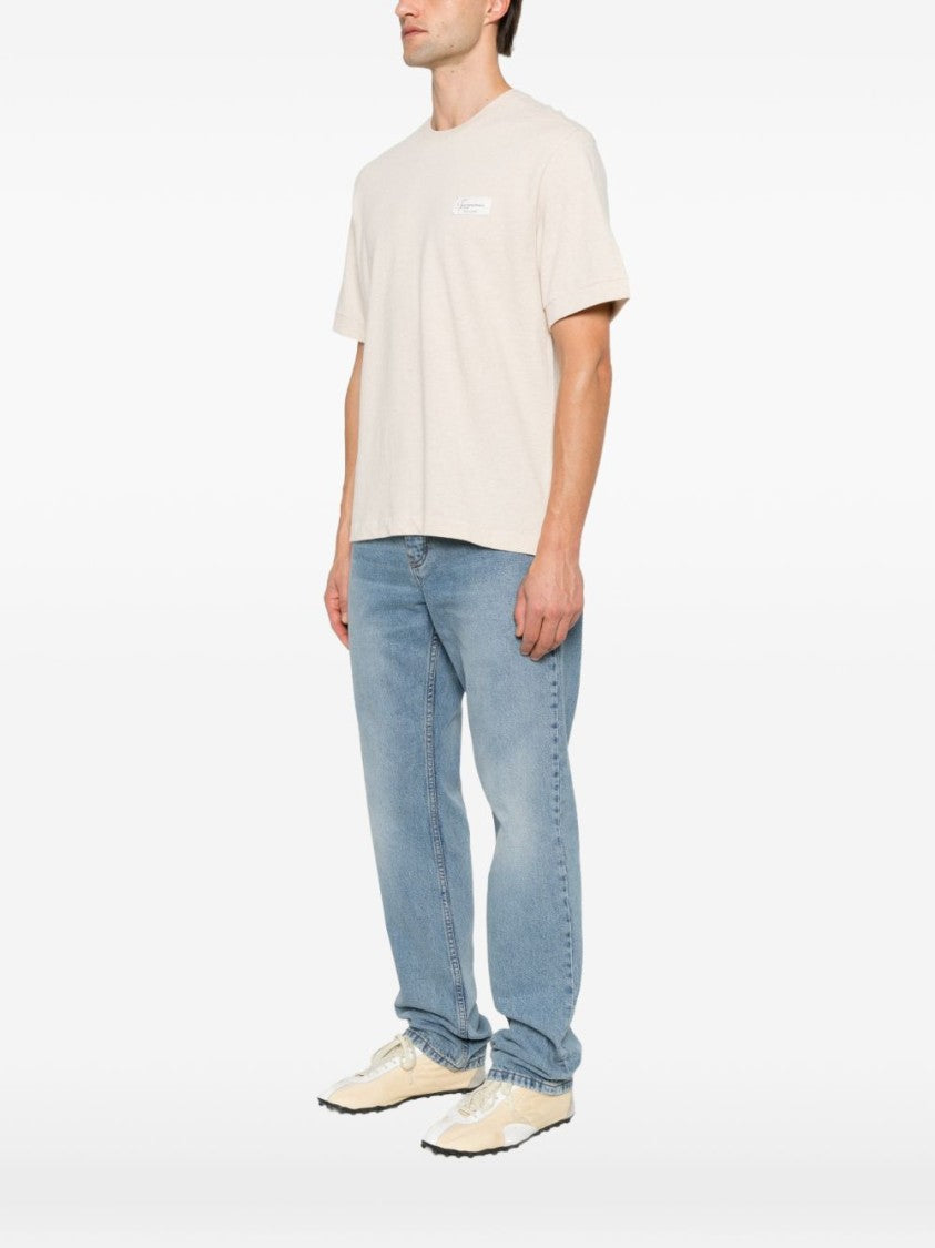 Jacquemus Crew Neck T-Shirt In Light Beige With Rectangular Logo Patch