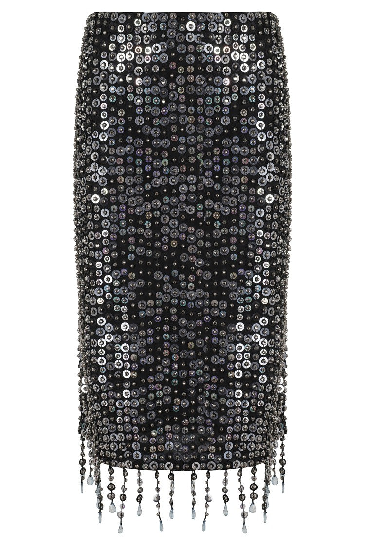 Pinko Fringed Black Sequined Midi Skirt With Removable Underskirt