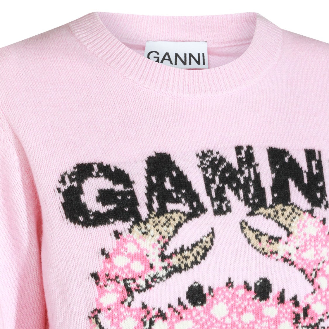 Ganni Wool Knit Sweater With Graphic Print And Ribbed Detailing