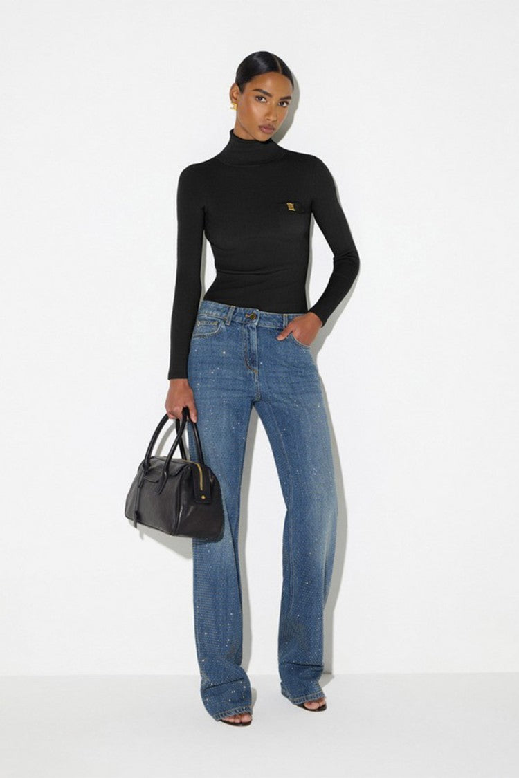 Elisabetta Franchi Black Ribbed Logo Patch Pocket Lyocell-Blend Turtleneck Sweater
