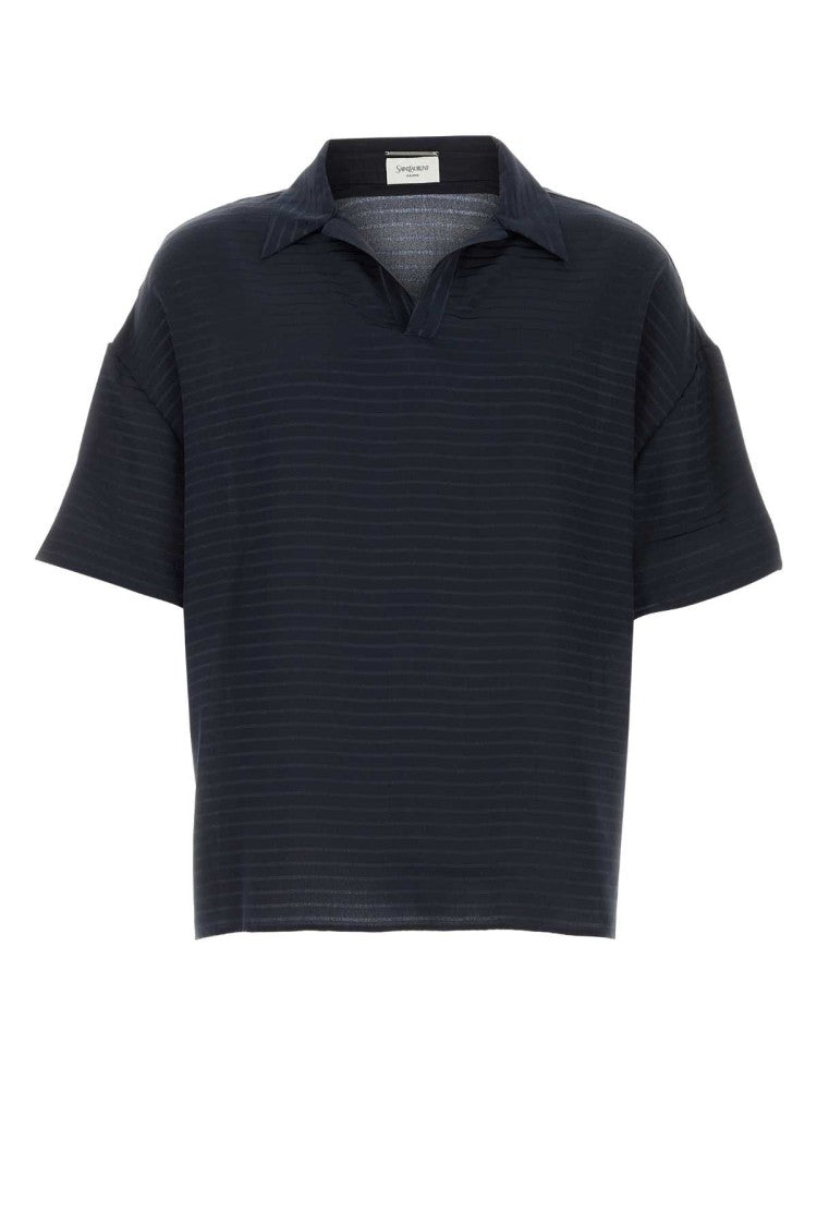 Saint Laurent Navy Blue Silk Oversize Polo Shirt