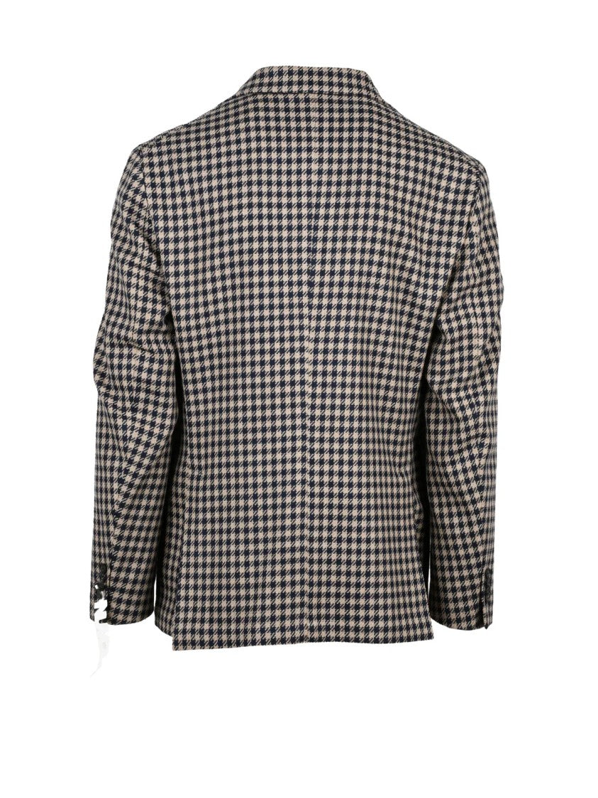 Manuel Ritz Beige/Blue Houndstooth Unlined Virgin Wool-Cotton Blazer