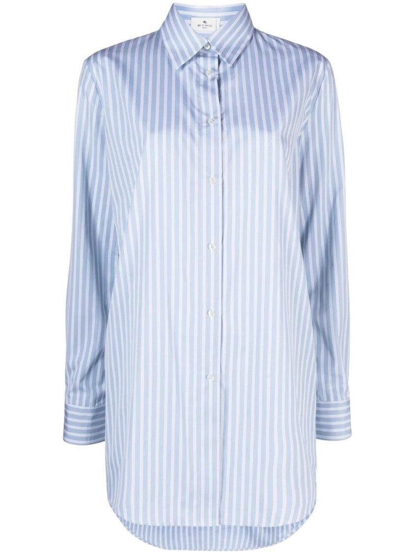 Etro Blue Vertical Stripe Button-Down Long-Sleeve Cotton Shirt