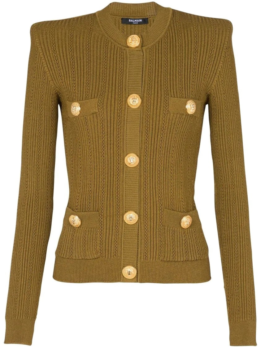 Balmain Green Ribbed Buttoned Viscose-Blend Cardigan