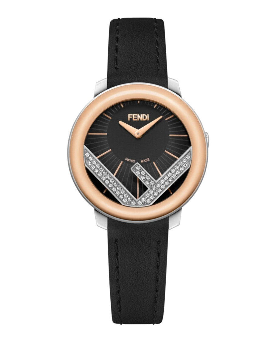 Fendi 28Mm Rose Gold And Stainless Steel Watch With Black Calfskin Strap