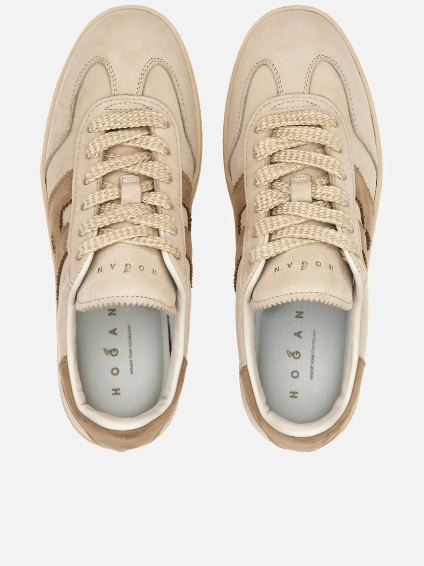 Hogan Beige Leather Platform Sneakers With Suede Accents And Iconic Logo