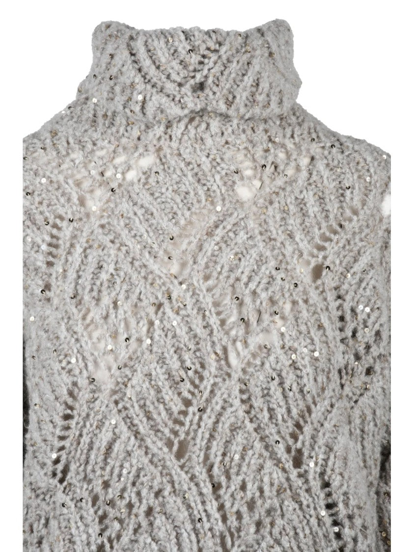 Panicale High Neck Knit Sweater With Rhinestone Accents And Textured Detail