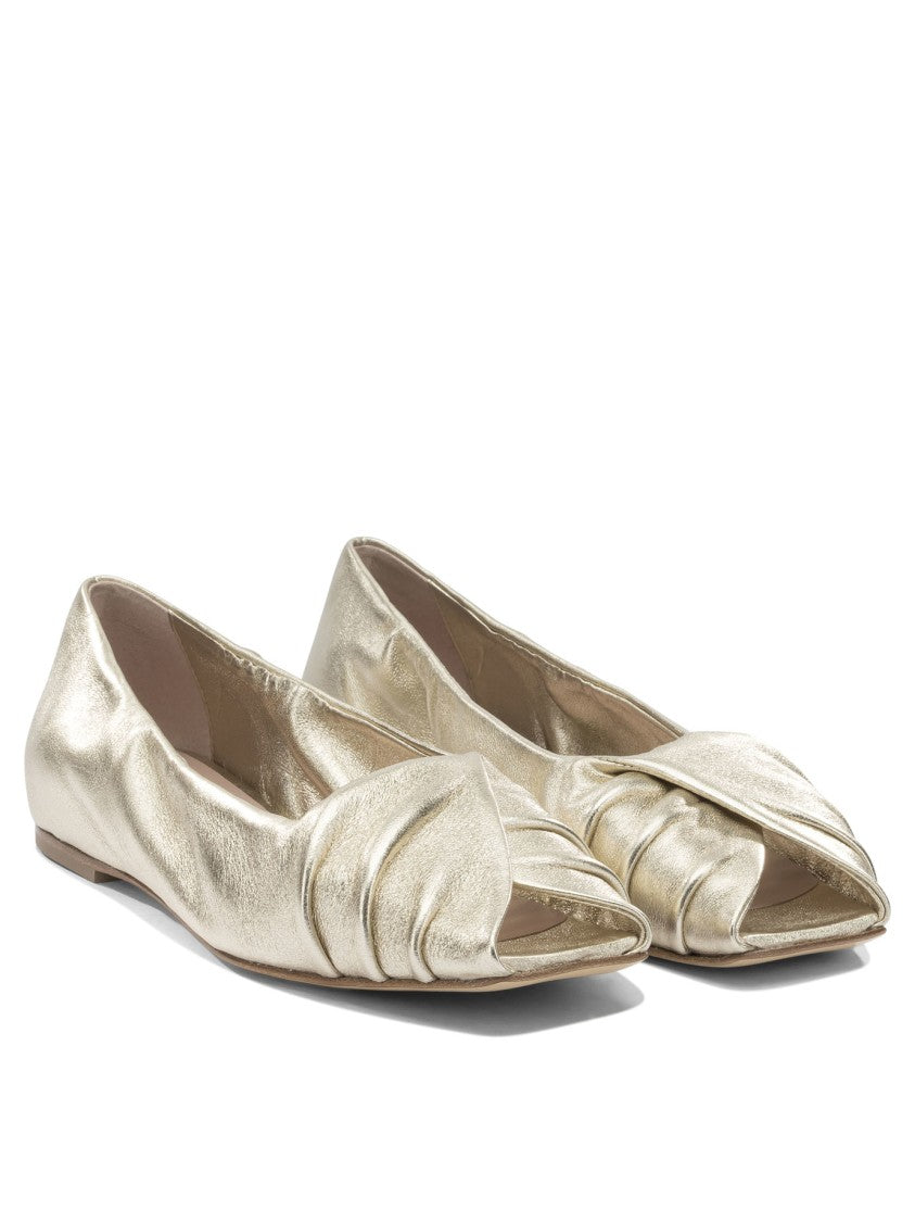 Halmanera Gold Leather Ballerinas With Pleated Detailing