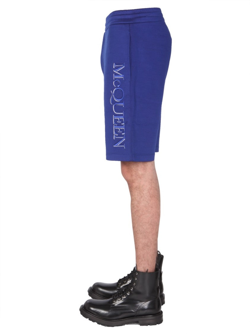 Alexander Mcqueen Blue Shorts With Embroidered Logo